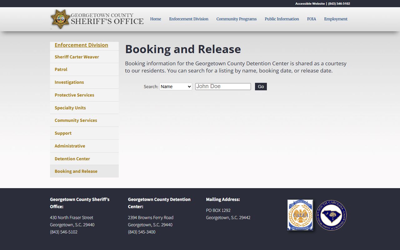 Georgetown County inmate population booking and release roster search
