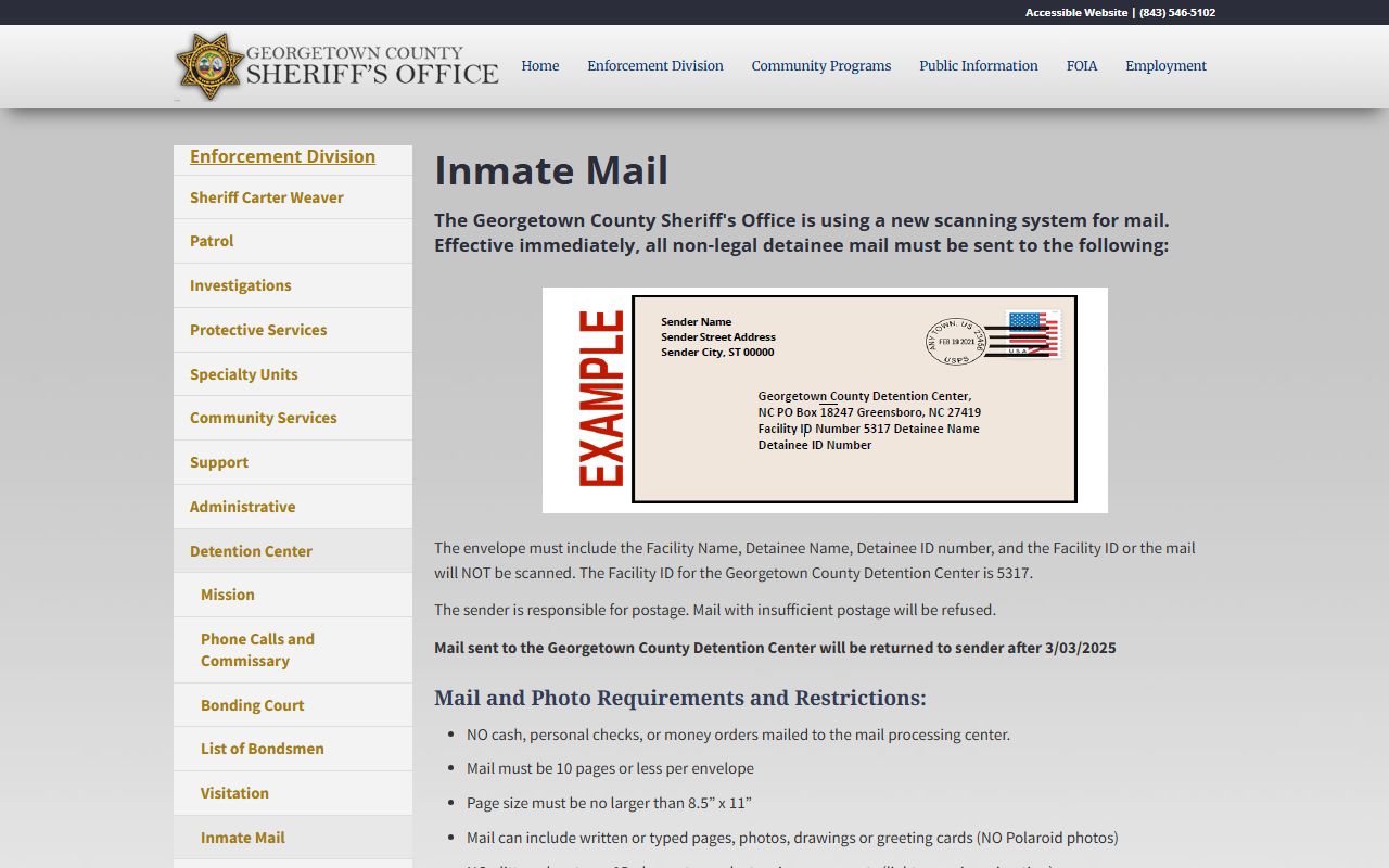 Georgetown County Detention Center inmate mail rules page
