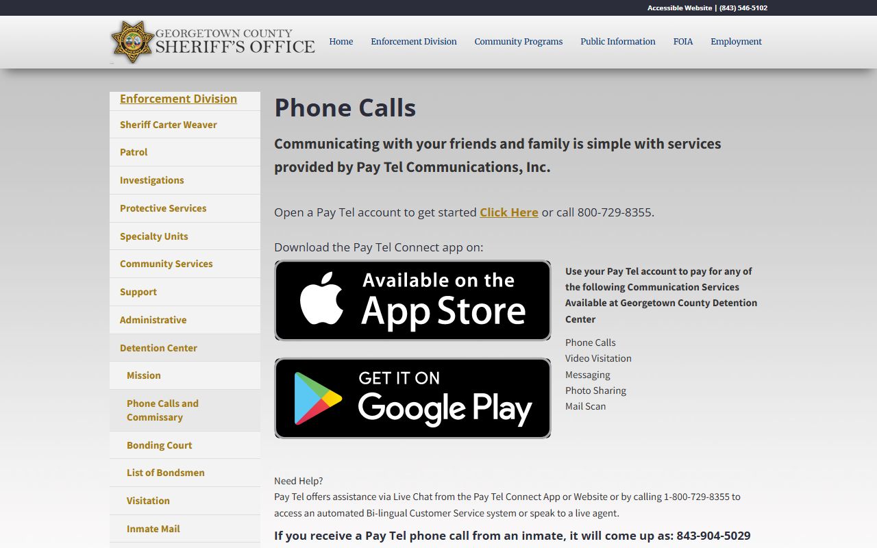 Georgetown County Detention Center phone commissary and Pay Tel information